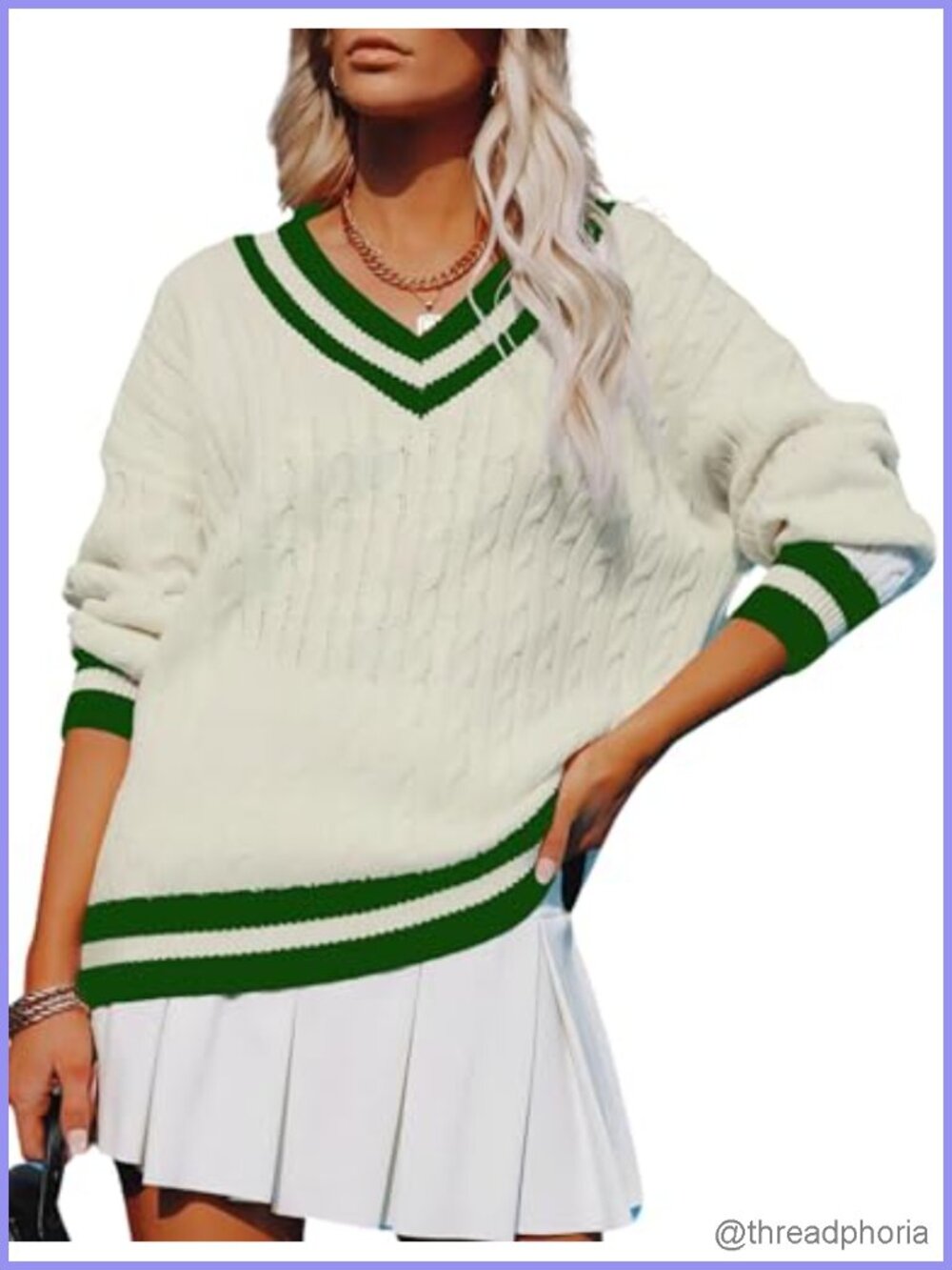 Women's V-Neck Long Sleeve Striped Cable Knit Pullover Sweater Preppy